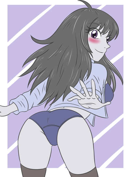 Size: 2480x3307 | Tagged: suggestive, artist:sumin6301, derpibooru import, octavia melody, human, equestria girls, g4, bent over, black hair, blue bra, blue jacket, blue panties, blue underwear, blushing, bra, brown socks, butt, clothes, eyebrows, eyebrows visible through hair, eyelashes, hand, image, jacket, jpeg, looking at you, looking back, looking back at you, musician, opened jacket, panties, panty shot, purple background, simple background, socks, thighs high, underwear