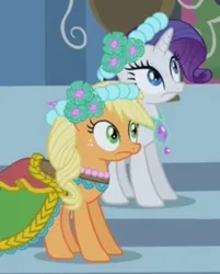 Size: 444x552 | Tagged: safe, derpibooru import, screencap, applejack, rarity, earth pony, pony, unicorn, a canterlot wedding, g4, alternate hairstyle, bridesmaid, bridesmaid dress, bridesmaids, canterlot, canterlot castle, clothes, cropped, dress, female, floral head wreath, flower, flower in hair, gown, horn, image, jpeg, mare, royal wedding, shocked, stairs, surprised