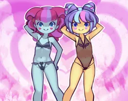 Size: 2400x1900 | Tagged: suggestive, artist:drantyno, banned from derpibooru, kiwi lollipop, supernova zap, equestria girls, child, clothes, female, females only, image, leotard, lingerie, lolicon, panties, png, see-through, thong, thong leotard, underage, underwear, young, younger