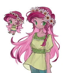 Size: 3000x3500 | Tagged: safe, artist:utttttttoo, derpibooru import, gloriosa daisy, human, equestria girls, g4, chibi, clothes, dress, flag, floral head wreath, flower, image, one eye closed, open mouth, png, shorts, simple background, smiling, solo, white background, wink