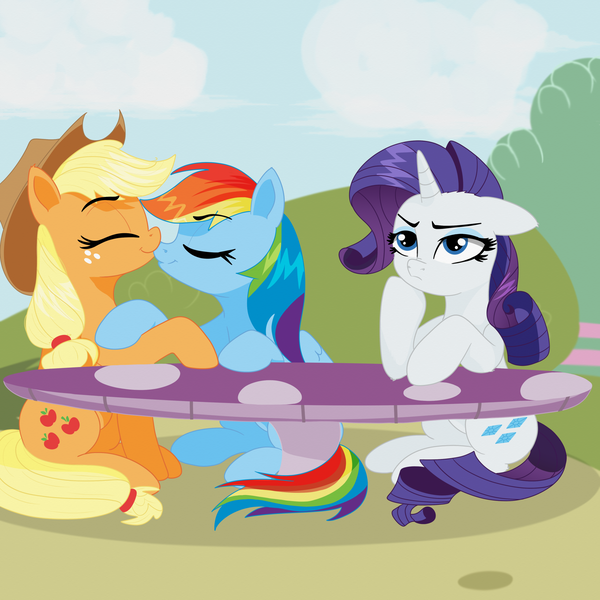 Size: 1919x1919 | Tagged: safe, artist:tunter, derpibooru import, applejack, rainbow dash, rarity, earth pony, pegasus, pony, unicorn, appledash, female, holding hooves, horn, image, left out, lesbian, mare, nuzzling, png, shipping, sitting, table, third wheel, unamused