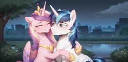 Size: 2392x1164 | Tagged: safe, ai content, derpibooru import, machine learning generated, prompter:greesys, princess cadance, shining armor, alicorn, pony, unicorn, g4, city, crown, crying, duo, eyes closed, gritted teeth, hope, horn, hug, image, jewelry, png, rain, regalia, reunion, sad, scenery, teeth