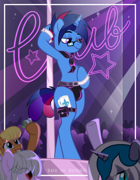 Size: 3893x5001 | Tagged: suggestive, artist:seurnik, artist:shallarts, derpibooru import, ms. harshwhinny, oc, oc:elizabat stormfeather, oc:marquis majordome, alicorn, bat pony, bat pony alicorn, earth pony, pony, semi-anthro, unicorn, ascot, base, base used, bat wings, belt, clothes, commission, crotch bulge, cufflinks, cuffs (clothes), digital art, female, glasses, grin, horn, image, latex, male, mare, money, nightclub, png, pole dancing, smiling, stallion, stripper pole, underwear, wings, ych result, your character here