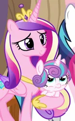 Size: 3000x4828 | Tagged: safe, derpibooru import, edit, edited screencap, screencap, princess cadance, princess flurry heart, shining armor, alicorn, pony, unicorn, g4, once upon a zeppelin, carrying, crown, family, female, holding a pony, horn, image, jewelry, jpeg, lidded eyes, male, multicolored hair, multicolored mane, regalia, smiling