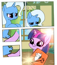 Size: 1742x2003 | Tagged: safe, artist:mandumustbasukanemen, derpibooru import, trixie, comic, food, image, jpeg, lens flare, little caesars, pizza, sad, tamers12345, uplifting