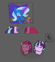 Size: 1054x1190 | Tagged: safe, artist:partyponypower, derpibooru import, pinkie pie, starlight glimmer, trixie, earth pony, pony, unicorn, g4, alternate universe, blue coat, blue eyes, blue mane, cape, clothes, colored, colored eyebrows, colored pupils, dot eyes, female, flat colors, glow, glowing horn, gray background, hat, horn, image, jpeg, lidded eyes, looking down, magic, mare, math, no catchlights, open mouth, pink coat, pink mane, pinkamena diane pie, pinwheel (toy), purple eyes, purple magic, purple pupils, s5 starlight, simple background, smiling, sparkles, telekinesis, thinking, thought bubble, trans female, trans trixie, transgender, trio, trio female, trixie's cape, trixie's hat, two toned mane, unicorn horn