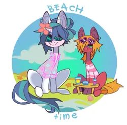 Size: 841x829 | Tagged: safe, artist:cutesykill, derpibooru import, big macintosh, shining armor, earth pony, pony, unicorn, g4, alternate accessories, alternate clothes, alternate hairstyle, beach, beach outfit, blue eyes, blue mane, blue sclera, blue tail, blue text, circle background, clothes, cloud, colored pinnae, colored sclera, day, drink, duo, duo male, ear piercing, earring, flower, flower in hair, glasses, green eyes, hair bun, hair over one eye, hawaiian shirt, heart shaped glasses, hooped earrings, horn, image, jewelry, lidded eyes, long mane, long mane male, long neck, long tail, male, no catchlights, ocean, orange mane, orange tail, outdoors, piercing, png, sand, seashell, shirt, sitting, slender, slit pupils, smiling, striped swimsuit, sunglasses, sunglasses on head, swimsuit, table, tail, tall ears, text, thin, tied mane, two toned mane, two toned tail, unicorn horn, wall of tags, water, white coat, wooden table
