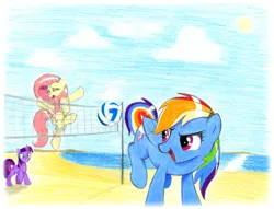 Size: 6609x5046 | Tagged: safe, artist:mizhisha, derpibooru import, fluttershy, rainbow dash, twilight sparkle, unicorn, beach, beach volleyball, female, flying, image, jpeg, scared, traditional art, trio, trio female, unicorn twilight