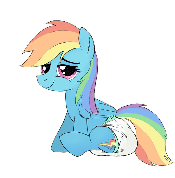 Size: 1325x1348 | Tagged: questionable, artist:asdfasfasda, derpibooru import, rainbow dash, pegasus, pony, diaper, female, image, jpeg, looking at you, mare, non-baby in diaper, simple background, sitting, smug, solo, white background