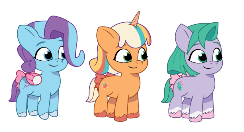 Size: 7298x3953 | Tagged: safe, derpibooru import, earth pony, pegasus, pony, unicorn, g5, female, filly, foal, glory (g5), horn, image, peach fizz, pippsqueak trio, pippsqueaks, png, seashell (g5)