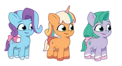 Size: 7298x3953 | Tagged: safe, derpibooru import, earth pony, pegasus, pony, unicorn, g5, female, filly, foal, glory (g5), horn, image, peach fizz, pippsqueak trio, pippsqueaks, png, seashell (g5)