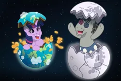 Size: 1095x730 | Tagged: safe, artist:faitheverlasting, derpibooru import, smarty pants, twilight sparkle, pony, unicorn, bluey, cute, dream, duo, egg, equus, female, filly, filly twilight sparkle, hatching, image, jpeg, lava, mare in the moon, moon, open mouth, open smile, sleepytime, smiling, tangible heavenly object, twiabetes, unicorn twilight, younger