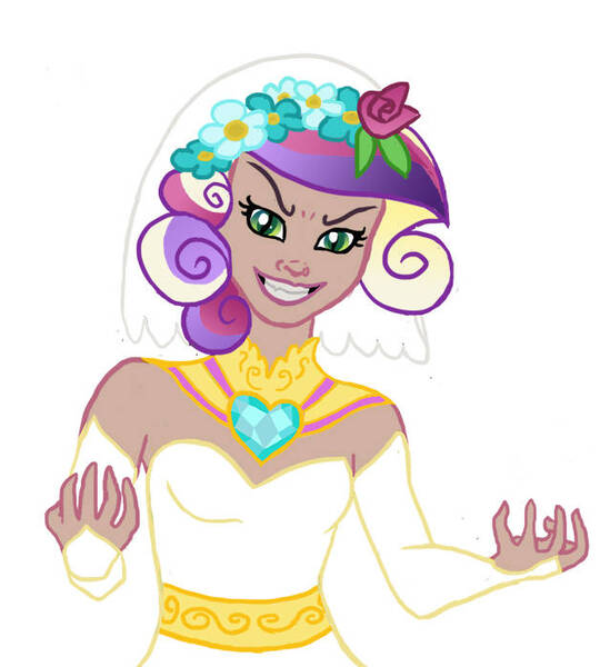 Size: 628x698 | Tagged: safe, artist:ekkiart, derpibooru import, princess cadance, queen chrysalis, human, g4, 2014, clothes, dress, fake cadance, female, humanized, image, jpeg, simple background, solo, wedding dress, white background