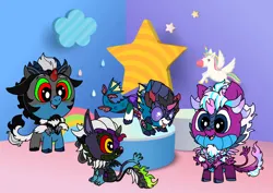 Size: 1414x1000 | Tagged: safe, artist:zetikoopa, derpibooru import, ahuizotl, grogar, king sombra, lord tirek, pharynx, pony of shadows, shining armor, storm king, oc, oc:alastor, oc:bass thunder, oc:dark havok, oc:keiran, oc:odysseus, oc:phantom infinite, changedling, changeling, them's fightin' herds, g5, my little pony: the movie, alexandrite arcane, amalgamation, baby, community related, cute, female to male, fusion, image, monster shining armor, opaline arcana, png, prince pharynx, rule 63, stronghoof hoofstrong (tfh), updated, updated design