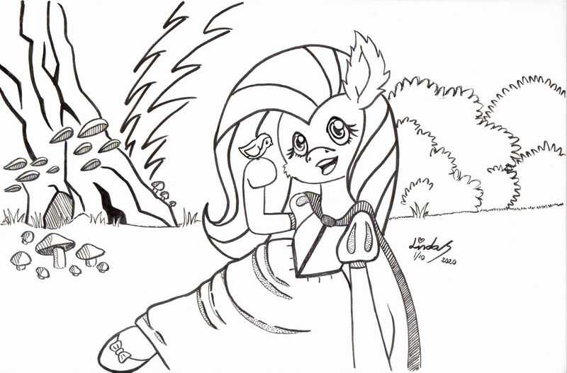 Size: 1920x1264 | Tagged: safe, artist:lomewa, derpibooru import, fluttershy, bird, pony, g4, 2020, disney, disney princess, female, image, jpeg, mare, monochrome, snow white, snow white and the seven dwarfs, solo