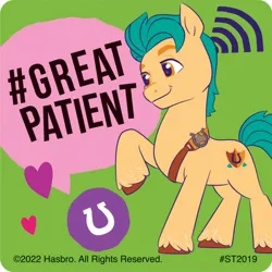 Size: 700x700 | Tagged: safe, derpibooru import, official, hitch trailblazer, earth pony, pony, g5, 2022, green background, hashtag, heart, horseshoes, image, jpeg, looking to the left, male, raised hoof, sheriff's badge, sideways glance, simple background, smilemakers, solo, speech bubble, stallion, sticker, text