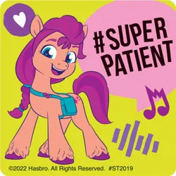 Size: 700x700 | Tagged: safe, derpibooru import, official, sunny starscout, earth pony, pony, g5, 2022, braid, female, hashtag, image, jpeg, lime background, looking at you, mare, music notes, smilemakers, solo, speech bubble, sticker, text, unshorn fetlocks