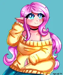 Size: 2565x3064 | Tagged: safe, artist:mylittleyuri, derpibooru import, fluttershy, human, g4, blush lines, blushing, breasts, busty fluttershy, choker, clothes, cute, elf ears, eyebrows, eyebrows visible through hair, female, heart, heart eyes, humanized, image, light blue background, looking up, off shoulder, off shoulder sweater, png, shyabetes, signature, simple background, smiling, solo, sweater, sweatershy, wingding eyes