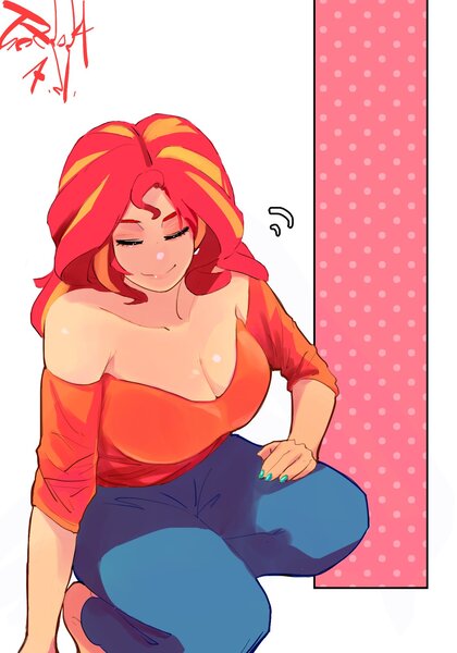 Size: 1400x2000 | Tagged: safe, artist:sozglitch, derpibooru import, sunset shimmer, human, g4, barefoot, big breasts, breasts, busty sunset shimmer, cleavage, clothes, denim, eyes closed, feet, female, hand on leg, hand on thigh, huge breasts, humanized, image, jeans, jpeg, light skin, looking at you, nail polish, off shoulder, pants, simple background, smiling, smiling at you, solo, white background