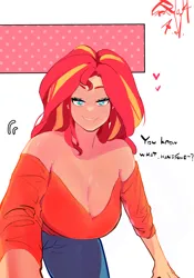 Size: 1400x2000 | Tagged: safe, artist:sozglitch, derpibooru import, sunset shimmer, human, g4, bedroom eyes, big breasts, breasts, busty sunset shimmer, cleavage, clothes, denim, dialogue, female, floating heart, heart, huge breasts, humanized, image, jeans, jpeg, light skin, looking at you, off shoulder, pants, simple background, smiling, smiling at you, solo, talking to viewer, white background