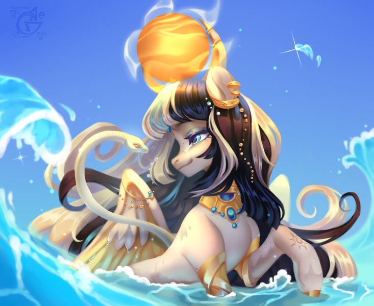 Size: 2200x1800 | Tagged: safe, artist:ryusya, derpibooru import, oc, pegasus, snake, cleopatra, crepuscular rays, depth of field, egyptian, egyptian pony, gold, image, long hair, ocean, outdoors, partially submerged, png, sky, solo, sparkles, splash, spread wings, sun, sunlight, swimming, water, wave, wet, wings