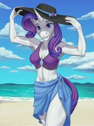 Size: 3504x4716 | Tagged: safe, artist:tauts05, derpibooru import, rarity, anthro, beach, hat, image, jpeg, ocean, rarity's blue sarong, rarity's purple bikini, solo, water