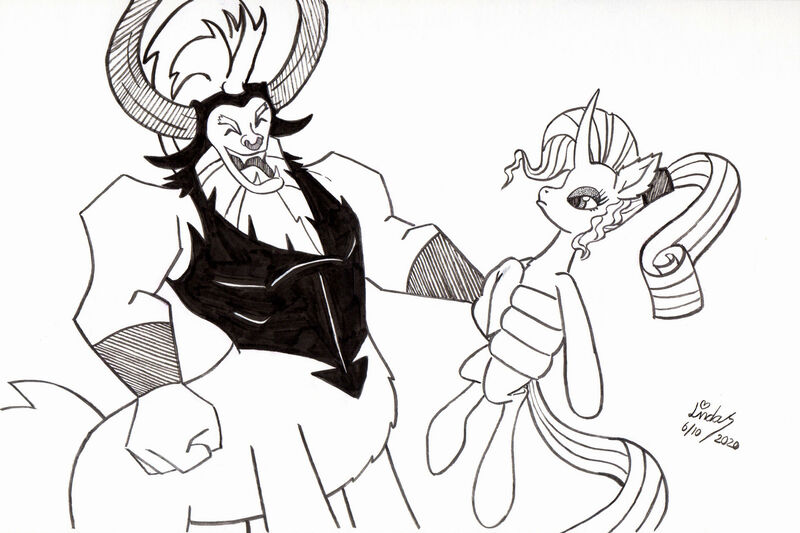 Size: 1920x1279 | Tagged: safe, artist:lomewa, derpibooru import, lord tirek, rarity, centaur, pony, taur, unicorn, g4, 2020, disney, female, hercules, horn, image, jpeg, male, mare, megara, monochrome