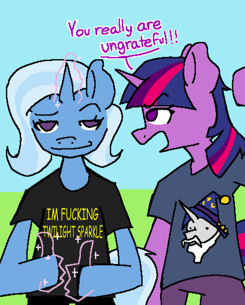 Size: 3547x4408 | Tagged: safe, artist:foxtrnal, derpibooru import, star swirl the bearded, trixie, twilight sparkle, semi-anthro, unicorn, g4, angry, danny smoke in furry land, dialogue, hand, high res, horn, image, magic, magic hands, meme, png, redraw, simple background, smug, text, thumbs up, unicorn twilight, vulgar