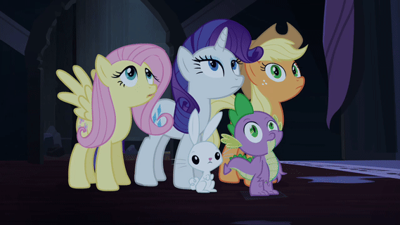 Size: 569x320 | Tagged: safe, derpibooru import, screencap, fluttershy, rarity, spike, pegasus, pony, unicorn, castle mane-ia, g4, season 4, female, frown, gif, horn, image, male, shocked