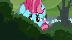 Size: 1920x1088 | Tagged: safe, derpibooru import, screencap, cup cake, earth pony, g4, season 7, the perfect pear, blue coat, blue fur, bush, chiffon swirl, colored pupils, eyelashes, female, image, jpeg, pink hair, pink mane, solo, solo focus