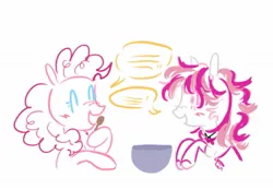 Size: 1383x960 | Tagged: safe, artist:tomatopastacat, derpibooru import, pinkie pie, earth pony, horse, pony, g4, blush scribble, blushing, bow, candi (wild manes), crossover, eyes closed, female, image, jpeg, mare, open mouth, open smile, smiling, speech bubble, wild manes