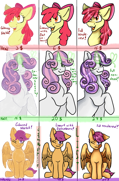 Size: 1980x3000 | Tagged: safe, artist:deadsmoke, derpibooru import, apple bloom, scootaloo, sweetie belle, earth pony, pegasus, unicorn, advertisement, apple bloom's bow, bow, commission info, cutie mark crusaders, hair bow, horn, image, magic, png, price sheet, simple background, telekinesis, white background