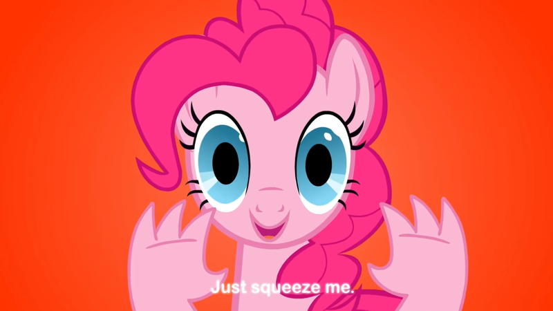 Size: 1920x1080 | Tagged: safe, artist:unusualyikes, derpibooru import, screencap, pinkie pie, earth pony, pony, g4, caption, creepy, female, gradient background, hand, image, mare, moments before disaster, png, psycho teddy, shrunken pupils, solo, suddenly hands, text, this will not end well