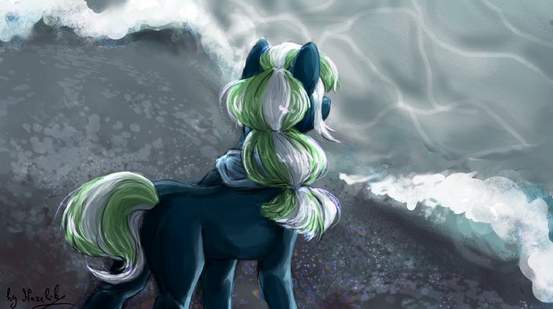 Size: 1600x893 | Tagged: safe, artist:nazalik, derpibooru import, oc, oc:waviesee, unofficial characters only, pony, background, blue background, complex background, hair, hair bun, image, looking at someone, looking down, ocean, png, simple background, sketch, water