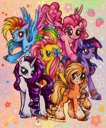 Size: 1080x1295 | Tagged: safe, artist:dariarchangel, derpibooru import, applejack, fluttershy, pinkie pie, rainbow dash, rarity, twilight sparkle, butterfly, earth pony, insect, pegasus, pony, unicorn, g4, g5, abstract background, applejack (g5 concept leak), bangs, big eyes, blonde, blonde hair, blonde mane, blonde tail, blue coat, blue eyes, blue eyeshadow, bracelet, braid, braided tail, cherry, coat markings, colored hooves, colored wings, cupcake, curly hair, curly mane, curly tail, cute, dashabetes, diapinkes, earth pony twilight, eyeshadow, female, floppy ears, flower, fluttershy (g5 concept leak), flying, food, g5 concept leaks, g5 to g4, generation leap, green eyes, headband, heart, hooves, image, jackabetes, jewelry, large wings, leg fluff, long hair, long mane, long tail, looking at someone, makeup, mane six, mane six (g5 concept leak), mare, multicolored hair, multicolored mane, multicolored tail, multicolored wings, pegasus pinkie pie, pink coat, pink hair, pink mane, pink tail, pinkie pie (g5 concept leak), png, purple coat, purple eyes, purple hair, purple mane, purple tail, race swap, rainbow dash (g5 concept leak), rainbow hair, rainbow wings, raised hoof, raribetes, rarity (g5 concept leak), shy, shy smile, shyabetes, smiling, sparkles, spread wings, standing, stars, straight hair, straight mane, straight tail, strawberry, tail, three toned mane, tiara, twiabetes, twilight sparkle (g5 concept leak), two toned mane, unicorn fluttershy, unshorn fetlocks, what could have been, white coat, wings, yellow coat