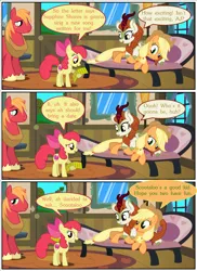 Size: 2700x3713 | Tagged: safe, artist:gm-scoots, derpibooru import, apple bloom, applejack, autumn blaze, big macintosh, earth pony, kirin, pony, comic:bleeding hearts, g4, apple siblings, apple sisters, brother and sister, female, filly, foal, image, lesbian, male, mare, png, preggo jack, pregnant, ship:autumnjack, shipping, siblings, sisters, stallion