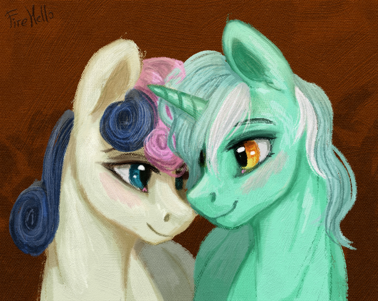 Size: 2760x2195 | Tagged: safe, artist:firehello, derpibooru import, bon bon, lyra heartstrings, sweetie drops, earth pony, pony, unicorn, g4, blushing, digital art, duo, female, horn, image, lesbian, looking at each other, looking at someone, lyrabon, png, shipping, smiling