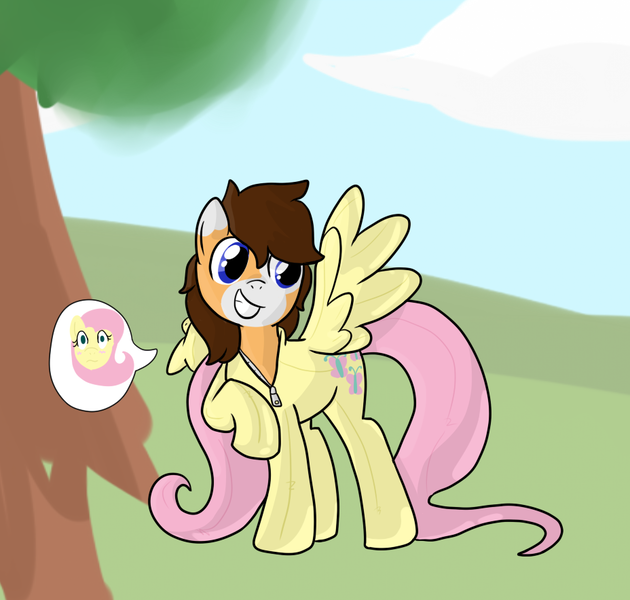 Size: 928x884 | Tagged: safe, artist:baumbs, derpibooru import, fluttershy, oc, oc:binary bauble, earth pony, pegasus, pony, g4, :s, blushing, embarrassed, fluttershy suit, grin, image, inanimate tf, living clothes, living suit, male, mask, masking, png, ponysuit, raised hoof, seams, smiling, speech bubble, spread wings, stallion, suiting, transformation, tree, wavy mouth, wings, zipper