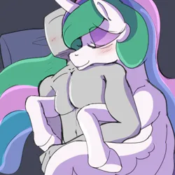 Size: 500x500 | Tagged: safe, artist:enonnnymous, derpibooru import, princess celestia, oc, oc:anon, human, pony, blushing, cuddling, eyes closed, hug, hug from behind, human on pony snuggling, image, pillow, png, sleeping, snuggling, spooning, winghug, wings