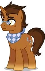 Size: 827x1289 | Tagged: safe, artist:stellardust, derpibooru import, oc, oc:copper plume, unofficial characters only, pony, unicorn, bandana, brown coat, brown mane, brown tail, commission, freckles, glasses, gradient hooves, horn, image, male, neckerchief, png, round glasses, show accurate, simple background, smiling, solo, stallion, stallion oc, standing, tail, transparent background, unicorn horn, unicorn oc, yellow ees