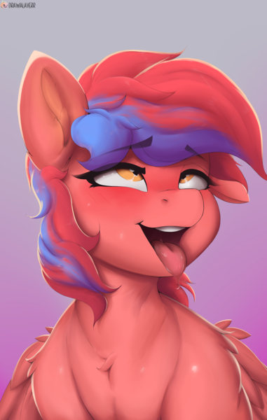 Size: 2215x3486 | Tagged: safe, artist:drawalaverr, derpibooru import, oc, oc:ivory flare, unofficial characters only, pegasus, pony, unicorn, ahegao, blushing, bust, commission, drool, drool string, female, gradient background, horn, image, looking up, mare, open mouth, pegasus oc, png, portrait, silly, silly face, silly pony, solo, tongue out, unicorn oc, wings, ych result