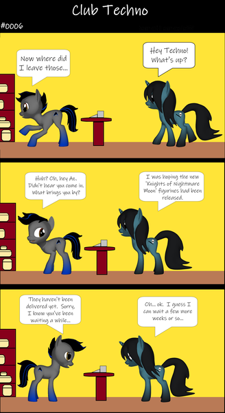 Size: 1920x3516 | Tagged: safe, artist:techno-babble, derpibooru import, oc, oc:azure dusk, oc:techno babble, unofficial characters only, earth pony, pony, unicorn, comic:club techno, series:technoverse, g4, 3 panel comic, 3d, comic, duo, duo male and female, female, horn, image, male, mare, png, slice of life, speech bubble, stallion