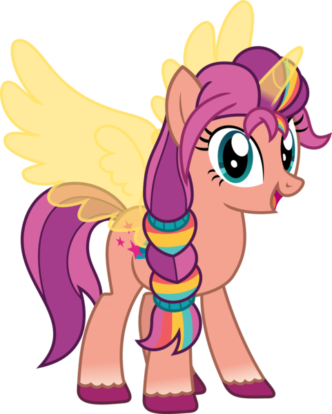 Size: 1870x2334 | Tagged: safe, alternate version, artist:sketchmcreations, derpibooru import, sunny starscout, alicorn, earth pony, pony, g4, g5, my little pony: a new generation, artificial horn, artificial wings, augmented, braid, braided ponytail, female, g5 to g4, generation leap, horn, image, magic, magic horn, magic wings, mane stripe sunny, mare, open mouth, open smile, png, ponytail, race swap, scrunchie, simple background, smiling, solo, sunnycorn, transparent background, unshorn fetlocks, vector, wings