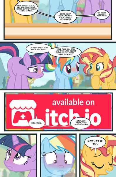 Size: 3000x4568 | Tagged: questionable, artist:succubi samus, derpibooru import, rainbow dash, sci-twi, sunset shimmer, twilight sparkle, ponified, pegasus, pony, unicorn, comic:girls things horse things, equestria girls, g4, advertisement, bdsm, blushing, butt, butt bump, cake, censored, comic, crotchboobs, embarrassed, equestria girls ponified, equestria girls specials, fart, fart cloud, fart noise, female, food, glow, horn, image, imminent scat, implied bisexual, implied lesbian, implied scat, jpeg, litterbox, mare, missing cutie mark, my little pony equestria girls: spring breakdown, nipples, nose wrinkle, nudity, onomatopoeia, open mouth, paywall content, plot, sample, scared, scaredy dash, show accurate, sound effects, sweat, sweatdrop, tail, tongue out, trio, trio female, unicorn sci-twi