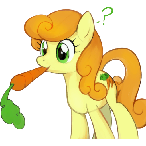 Size: 512x512 | Tagged: source needed, safe, artist:marbo, edit, carrot top, golden harvest, carrot, food, image, mouth hold, png, question mark, simple background, solo, standing, transparent background