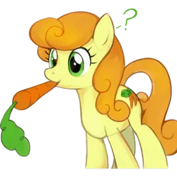 Size: 512x512 | Tagged: source needed, safe, artist:marbo, edit, carrot top, golden harvest, carrot, food, image, mouth hold, png, question mark, simple background, solo, standing, transparent background