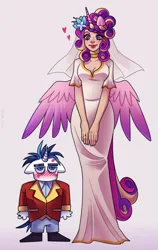 Size: 2310x3650 | Tagged: safe, artist:p3lya, derpibooru import, princess cadance, shining armor, anthro, human, unicorn, g4, blushing, breasts, busty princess cadance, cleavage, clothes, dress, duo, duo male and female, female, gradient background, heart, height difference, high res, horn, horned humanization, humanized, image, interspecies, jewelry, kiss mark, lipstick, male, meme, png, ring, ship:shiningcadance, shipping, straight, the bride and the ugly ass groom, wedding dress, wedding ring, winged humanization, wings