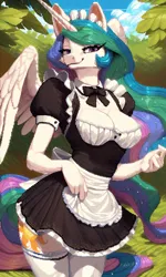 Size: 1536x2560 | Tagged: suggestive, ai content, derpibooru import, machine learning generated, prompter:krivovyaz, stable diffusion, princess celestia, alicorn, anthro, g4, bow, breasts, busty princess celestia, clothes, digital art, generator:pony diffusion v6 xl, grass, image, leaf, maid, nature, pixel art, png, skirt, smiling, smug, socks, solo, spread wings, stockings, thigh highs, wings