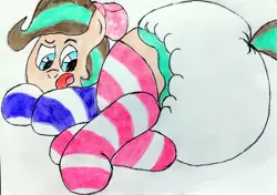 Size: 3254x2287 | Tagged: safe, artist:bitter sweetness, derpibooru import, edit, earth pony, horse, abdl, adult foal, blue eyes, bow, clothes, cocoa (wild manes), diaper, diaper butt, diaper edit, diaper fetish, female, fetish, hair bow, image, jpeg, looking at you, non-baby in diaper, poofy diaper, simple background, socks, solo, striped socks, traditional art, wild manes