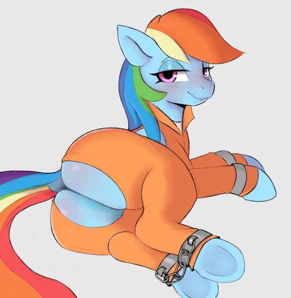 Size: 999x1024 | Tagged: suggestive, artist:tre, edit, rainbow dash, pegasus, pony, g4, anus, blushing, butt, clothes, commissioner:rainbowdash69, cuffed, cuffs, female, image, jpeg, jumpsuit, labia, looking at you, looking back, looking back at you, never doubt rainbowdash69's involvement, nudity, partial nudity, presenting, prison outfit, prisoner, prisoner rd, shackles, solo, solo female, tail, tail aside, underhoof